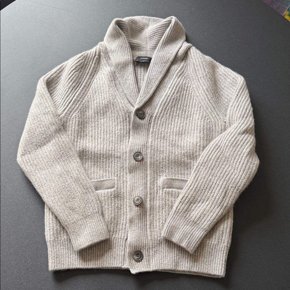 Vince Light Gray Ribbed Shawl-Collar Button Cardigan